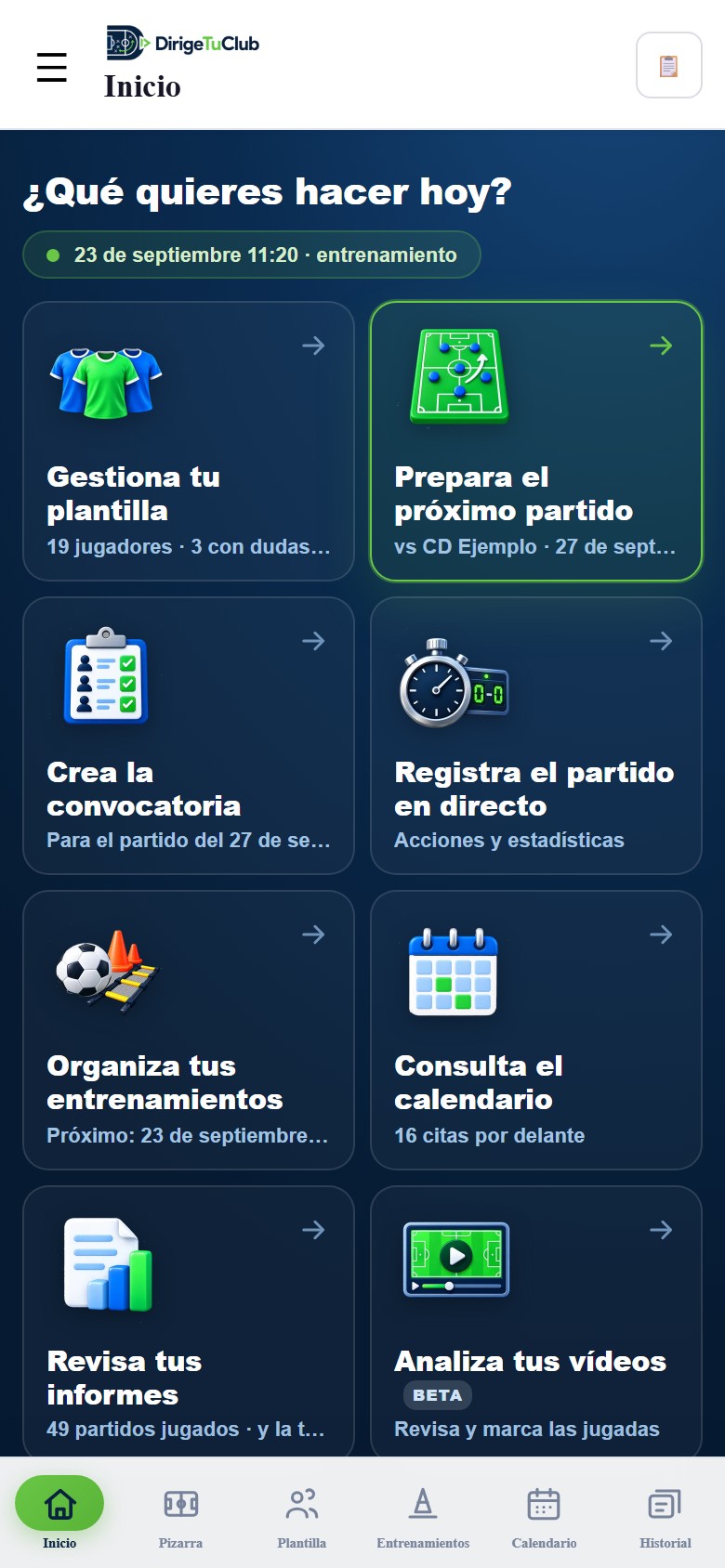 La pantalla de inicio de la app en un móvil: ocho tarjetas
                          —plantilla, próximo partido, convocatoria, partido en
                          directo, entrenamientos, calendario, informes y vídeo—
                          con los datos del equipo en cada una.